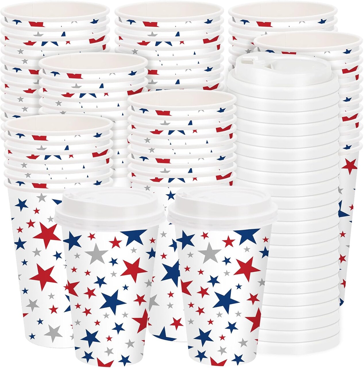 50Pcs Patriotic Disposable Coffee Cup with Lid 16Oz Red Blue Star 4th of July To Go Paper Cup Independence Day Drinking Cup for Party